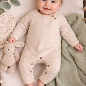 Quincy Mae Organic Cotton Linen Knit Romper Oatmeal Speckle 6-12M Long Sleeve L2